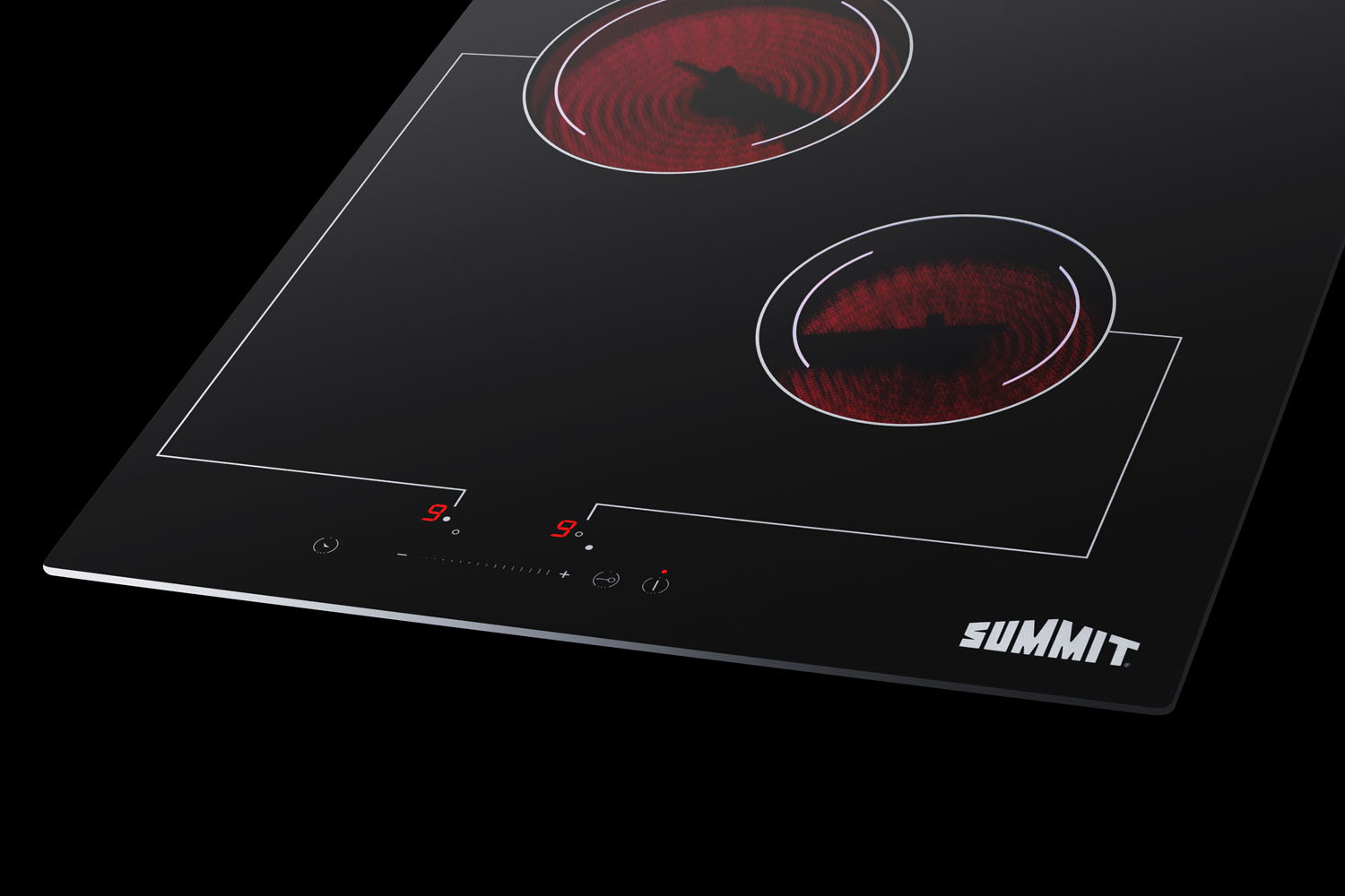 2-burner 220V radiant cooktop with digital touch controls and black glass surface